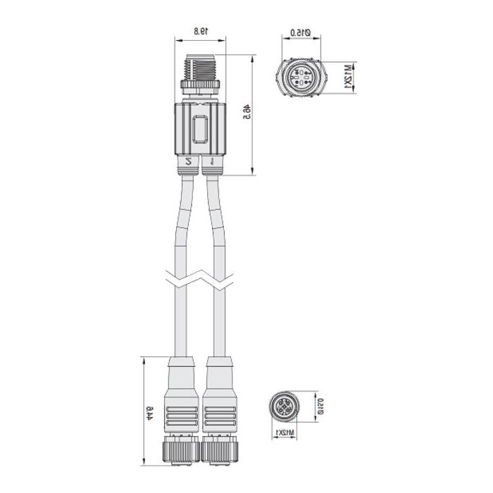 M12 4Pin公头/2M12 3Pin母头、Y型预铸防焊渣PUR柔性电缆、黄色护套、64T161-XXX